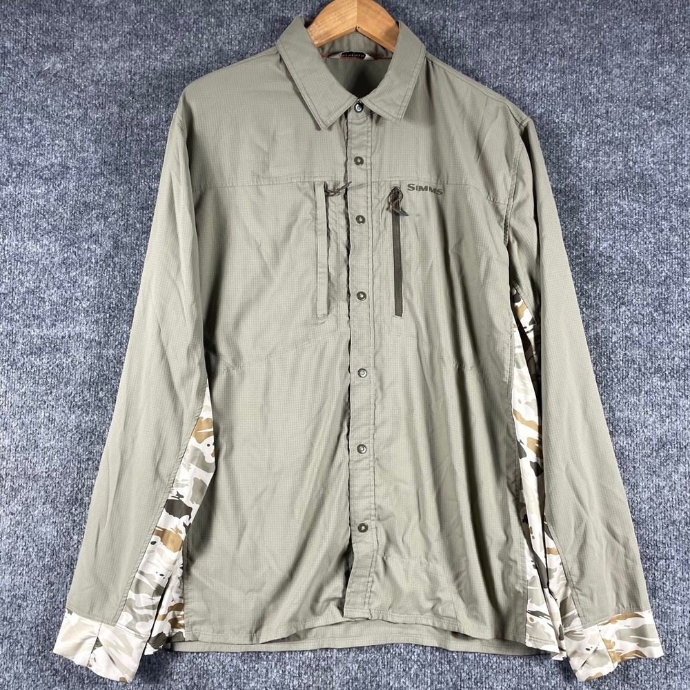 Simms Shirt Mens L Green Ripstop Camo Fly Fishing Breathable Snap Front Light